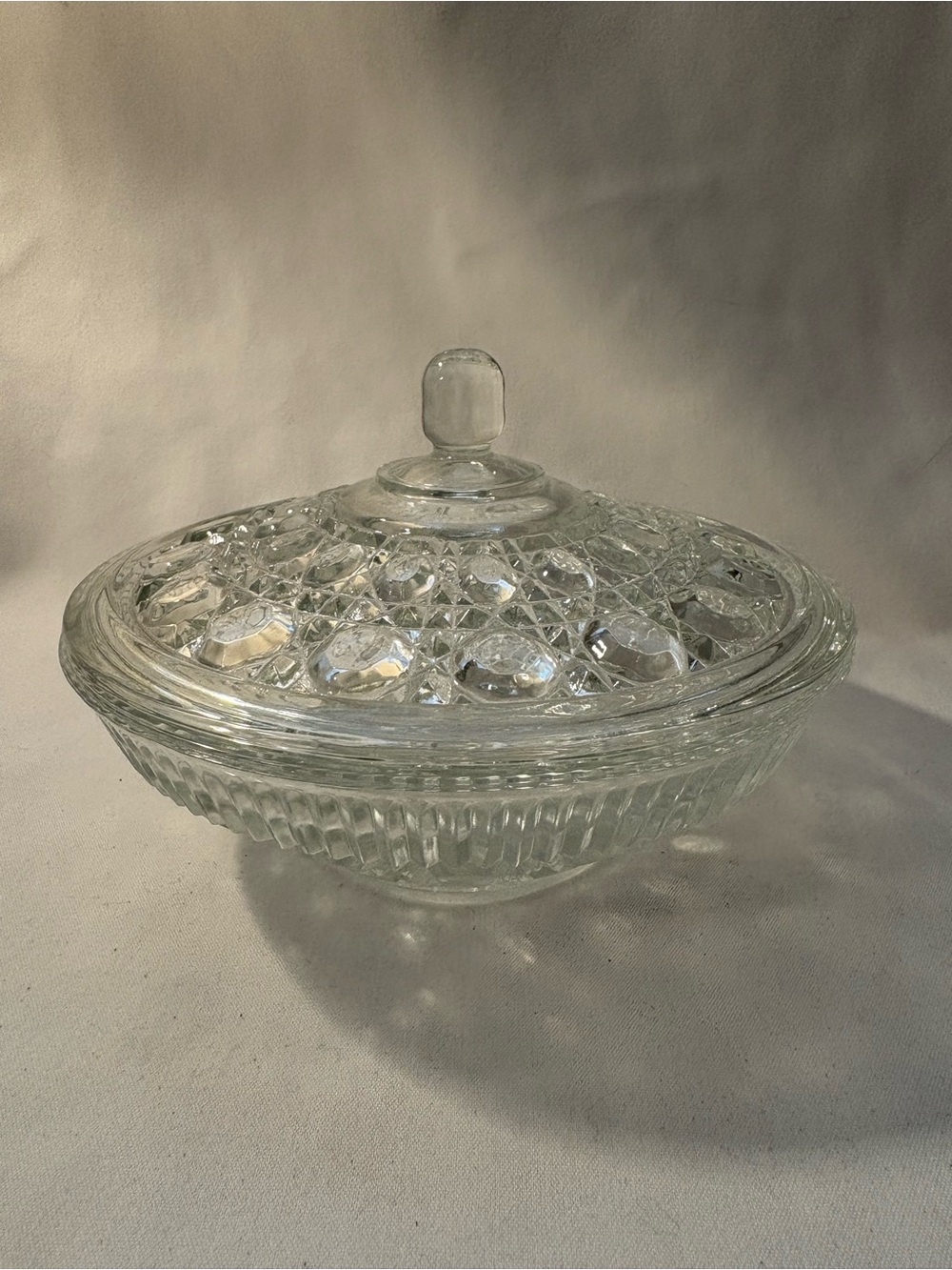 Federal Glass , lidded candy dish, button and cane pattern